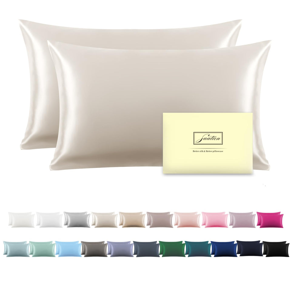 Suatien silk pillow cases 2-pack beige 20x30 with silky texture for gentle hair care.