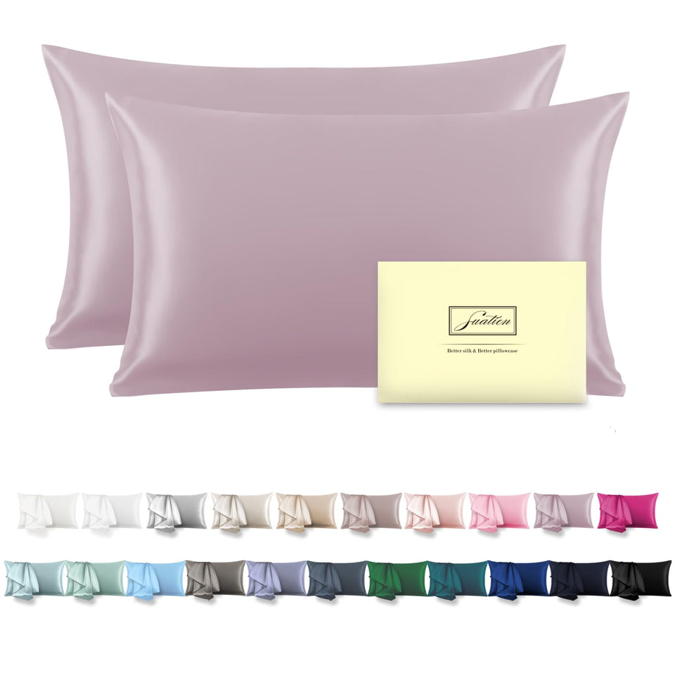 Suatien silk pillowcase 2-pack in lavender shows smooth texture for hair and skin protection