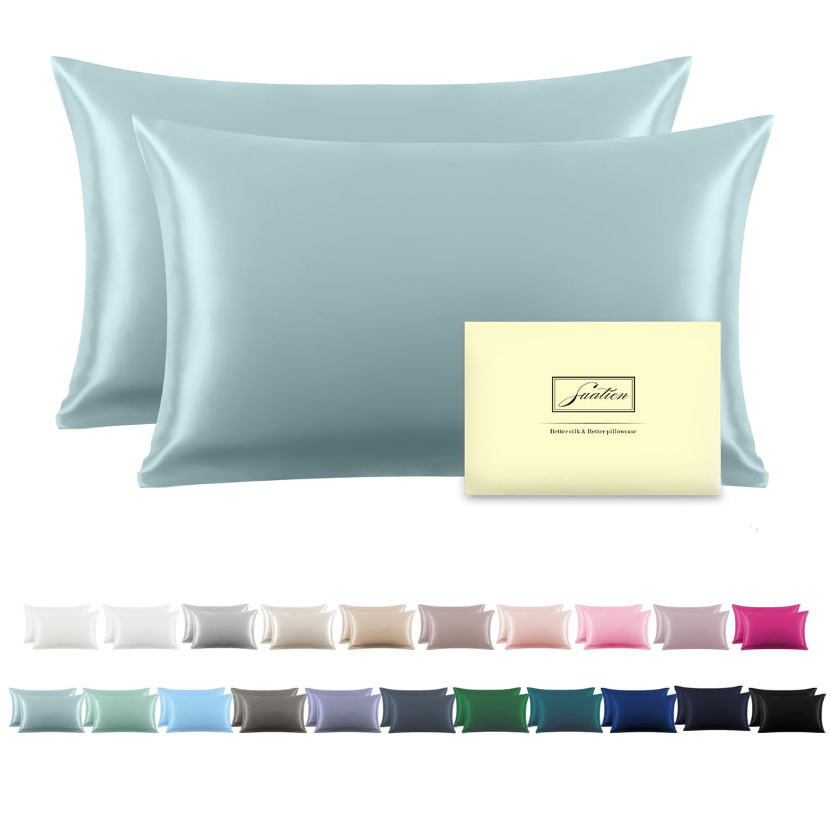 Suatien Silk Pillowcase in blue haze offers breathable luxury and smooth hair overnight.