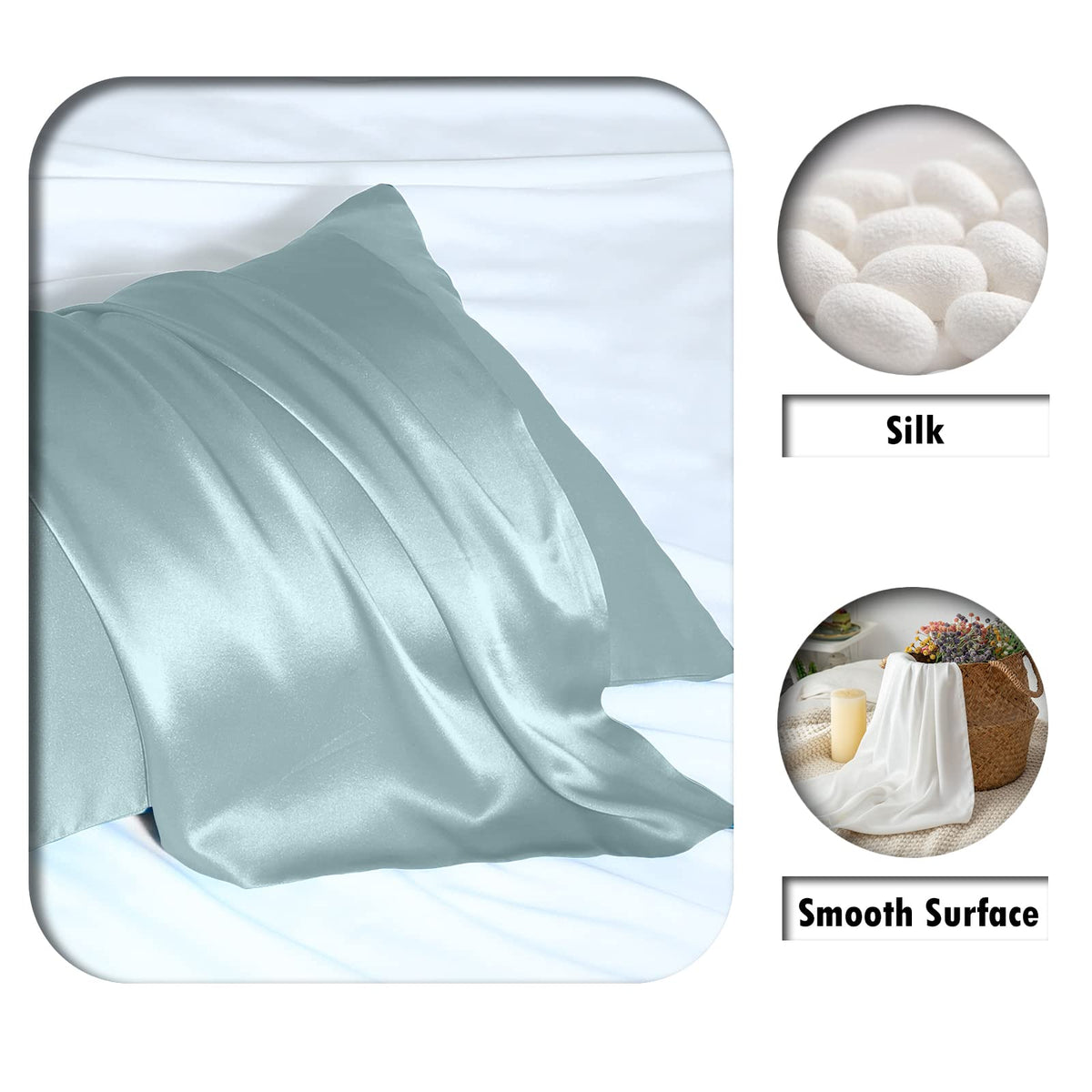 Suatien Silk Pillowcase blue haze with hidden zipper for secure sleeping fit.