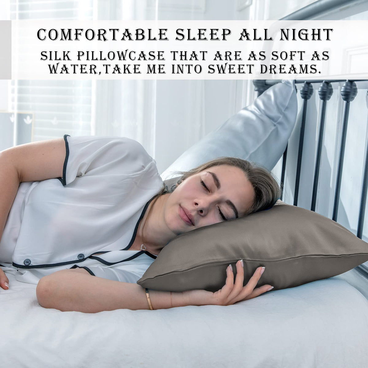 Suatien silk pillowcase care guide image, machine-washable for easy maintenance.