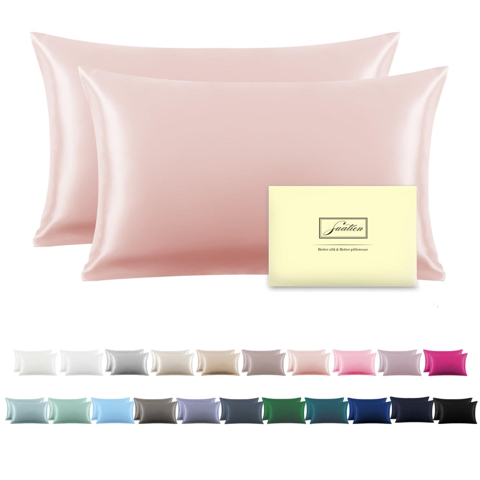 Suatien silk pillowcase coral close-up shows smooth surface for gentle hair contact.