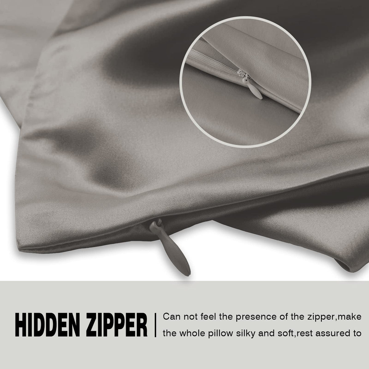 Suatien silk pillowcase hidden zip detail for secure, neat closure.