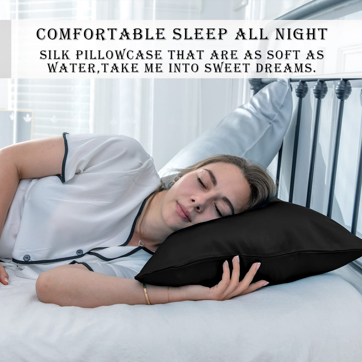 Black Suatien silk pillowcase with luxurious sheen for nighttime elegance.
