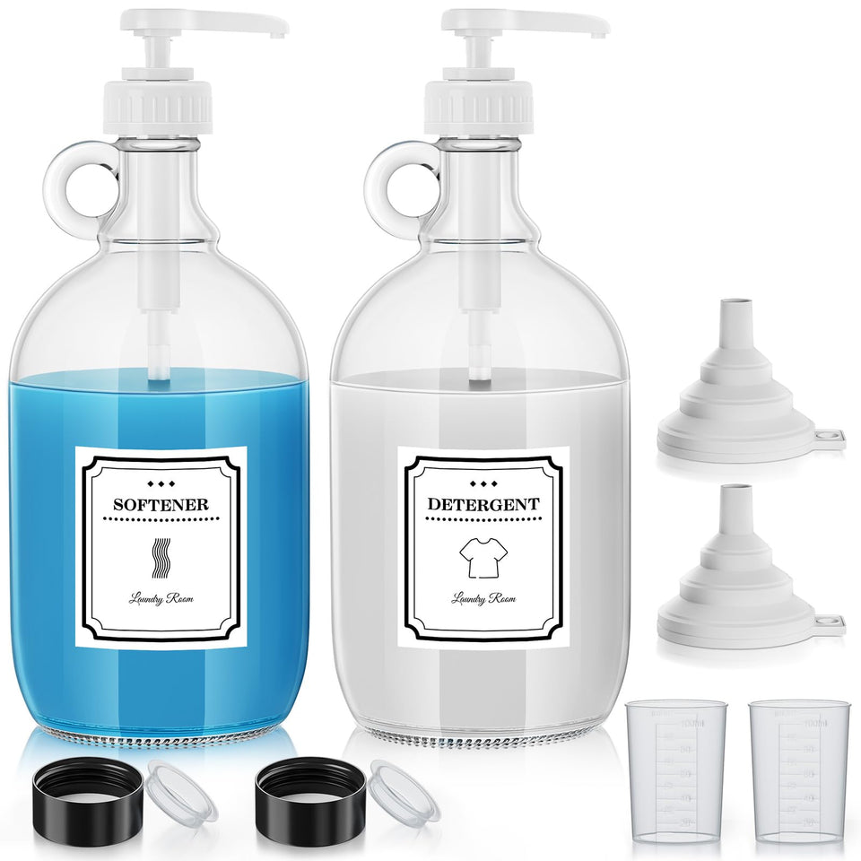 SUBEKYU 64oz glass laundry dispenser shown on a tidy shelf for easy access