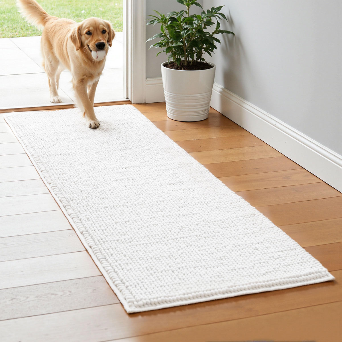 SUBRTEX bath rug 24x60 chenille white with plush, absorbent pile for comfort.