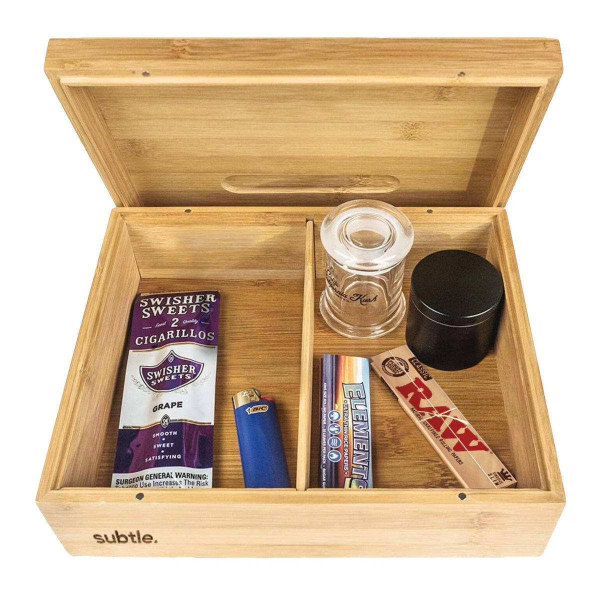 Subtle rolling tray stash box cover showcases hidden storage and discreet design.