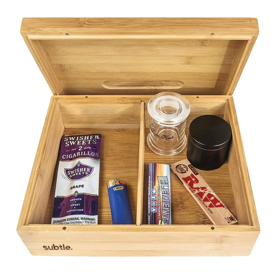 Subtle rolling tray stash box cover showcases hidden storage and discreet design.
