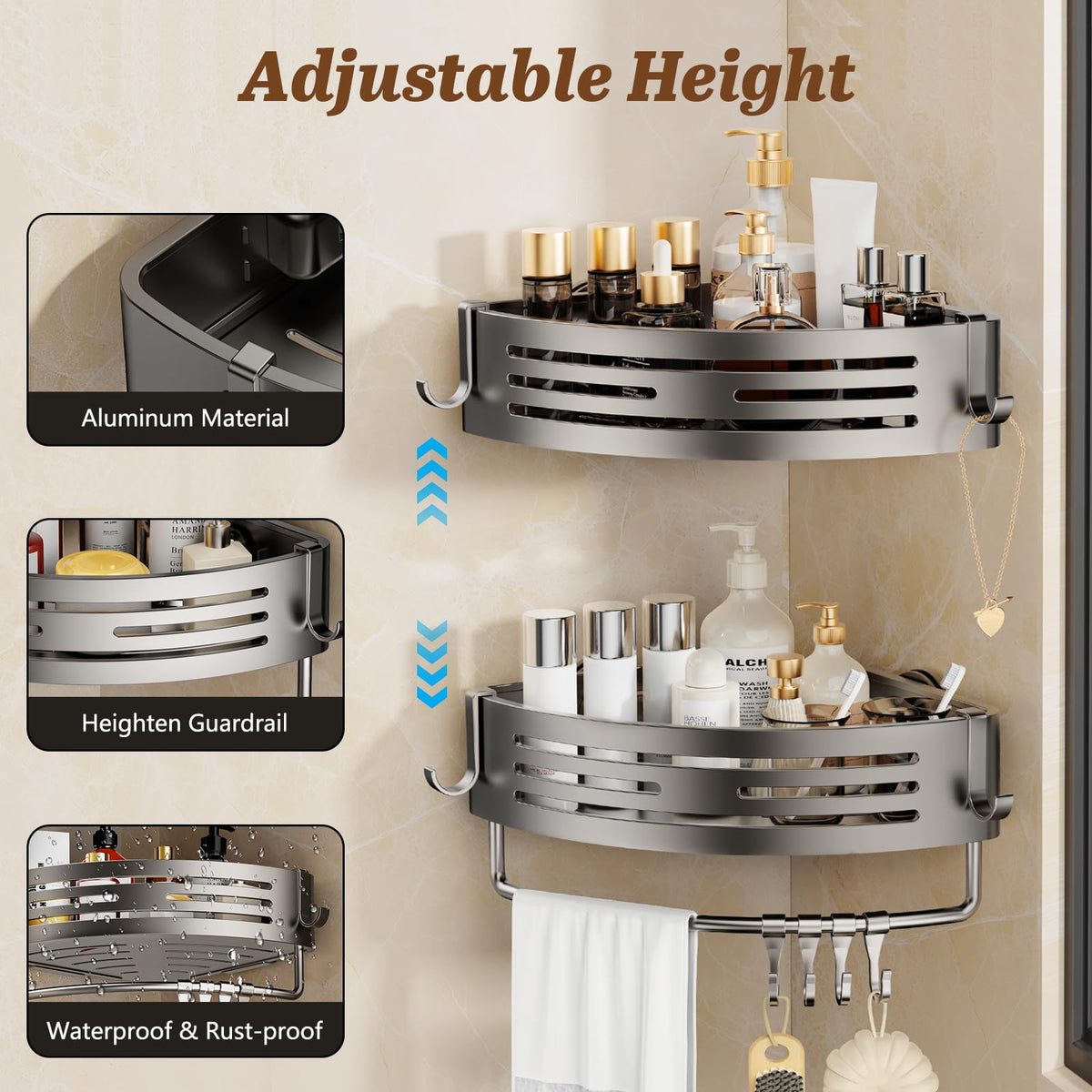 SUBUCOYO shower caddy with 8 detachable hooks and towel bar for versatile storage.