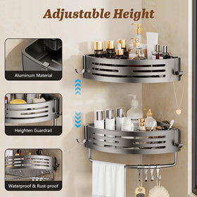 SUBUCOYO shower caddy with 8 detachable hooks and towel bar for versatile storage.