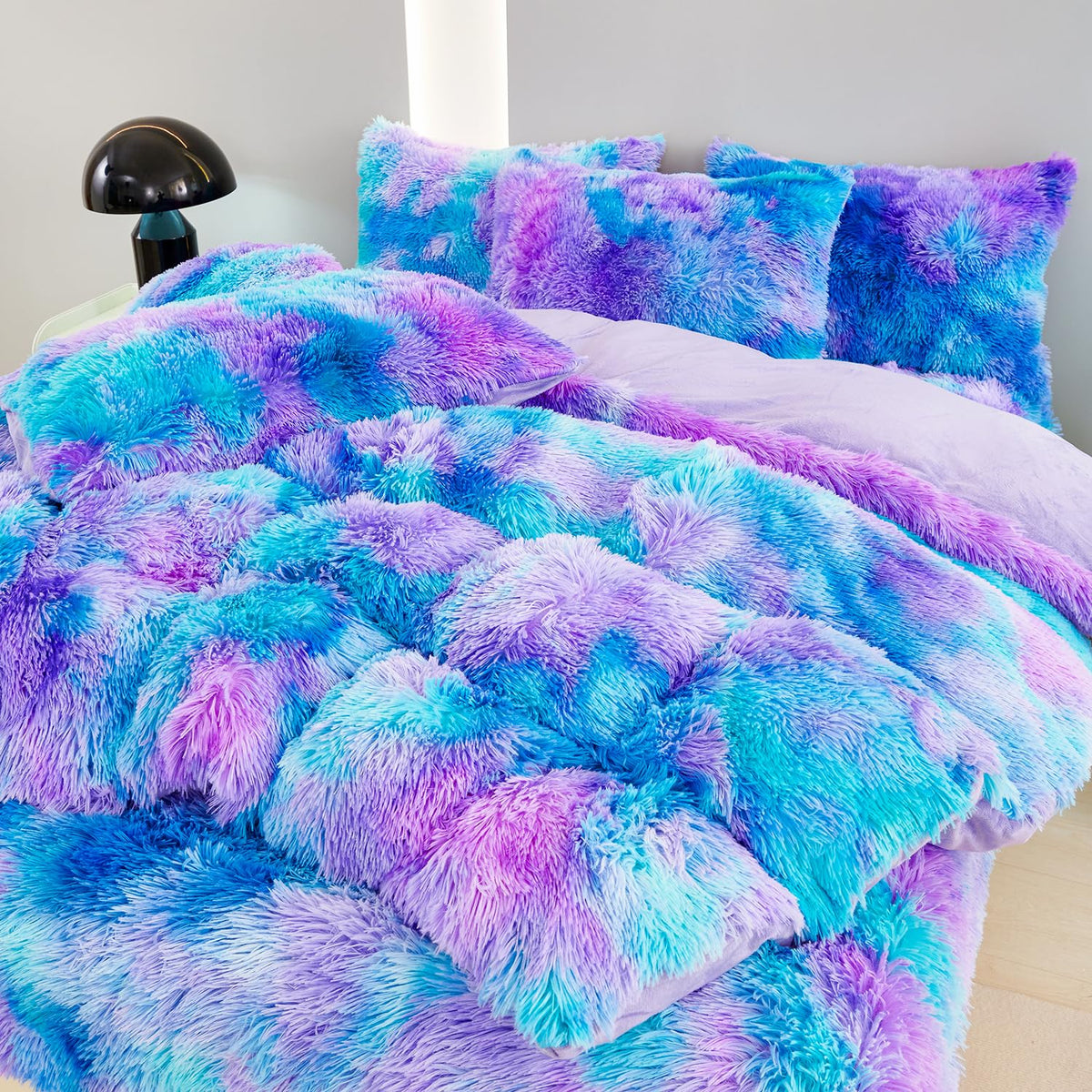SUCSES blue purple fluffy twin bedding duvet cover with tie-dye plush texture for cozy nights.