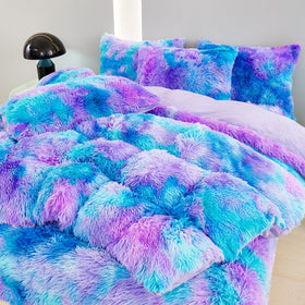 SUCSES blue purple fluffy twin bedding duvet cover with tie-dye plush texture for cozy nights.