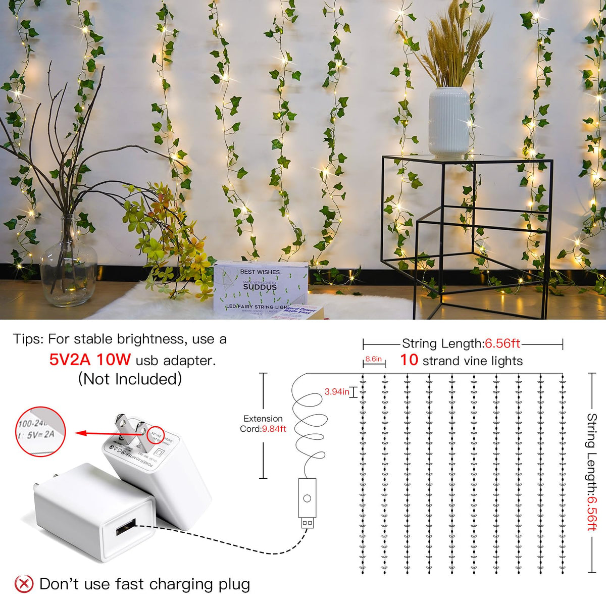 Suddus remote-controlled ivy lights offer 8 lighting modes for easy customization.