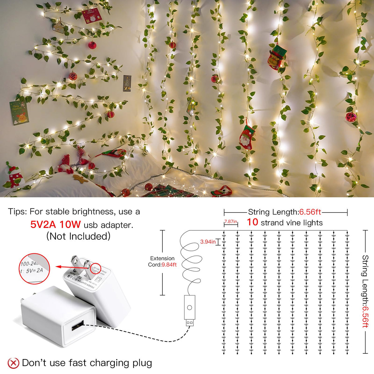 suddus Vines with Lights close-up on lifelike leaves for realistic indoor greenery.