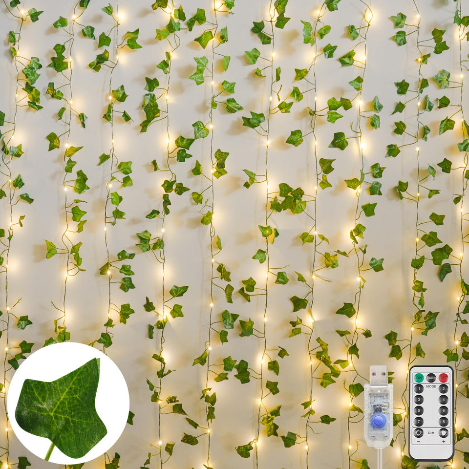 Suddus vines with light illuminate the bedroom with warm ambient glow.