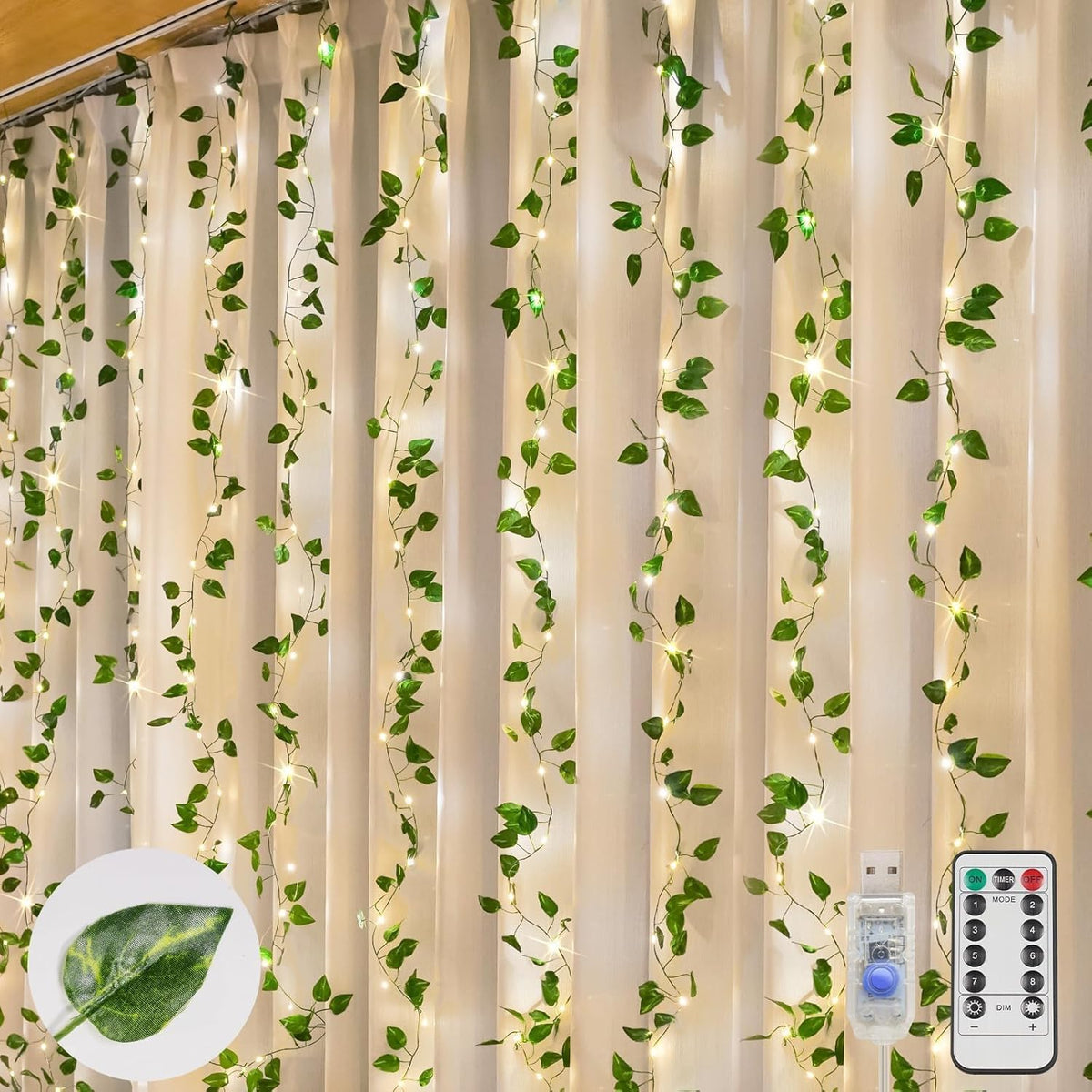 suddus Vines with Lights curtain, front view, creates warm ambient glow for rooms.