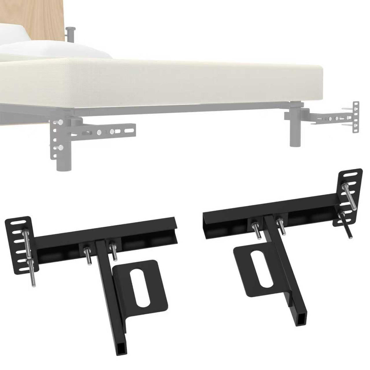 Suemoss headboard brackets mounted on a metal bed frame for a secure connection.
