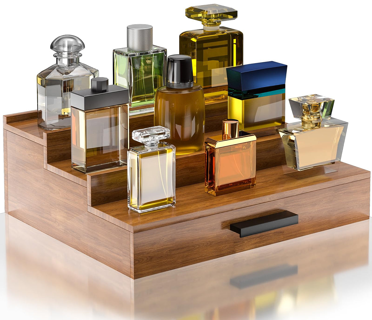 Sueuapp walnut wood cologne organizer with three-tier display and hidden drawer.