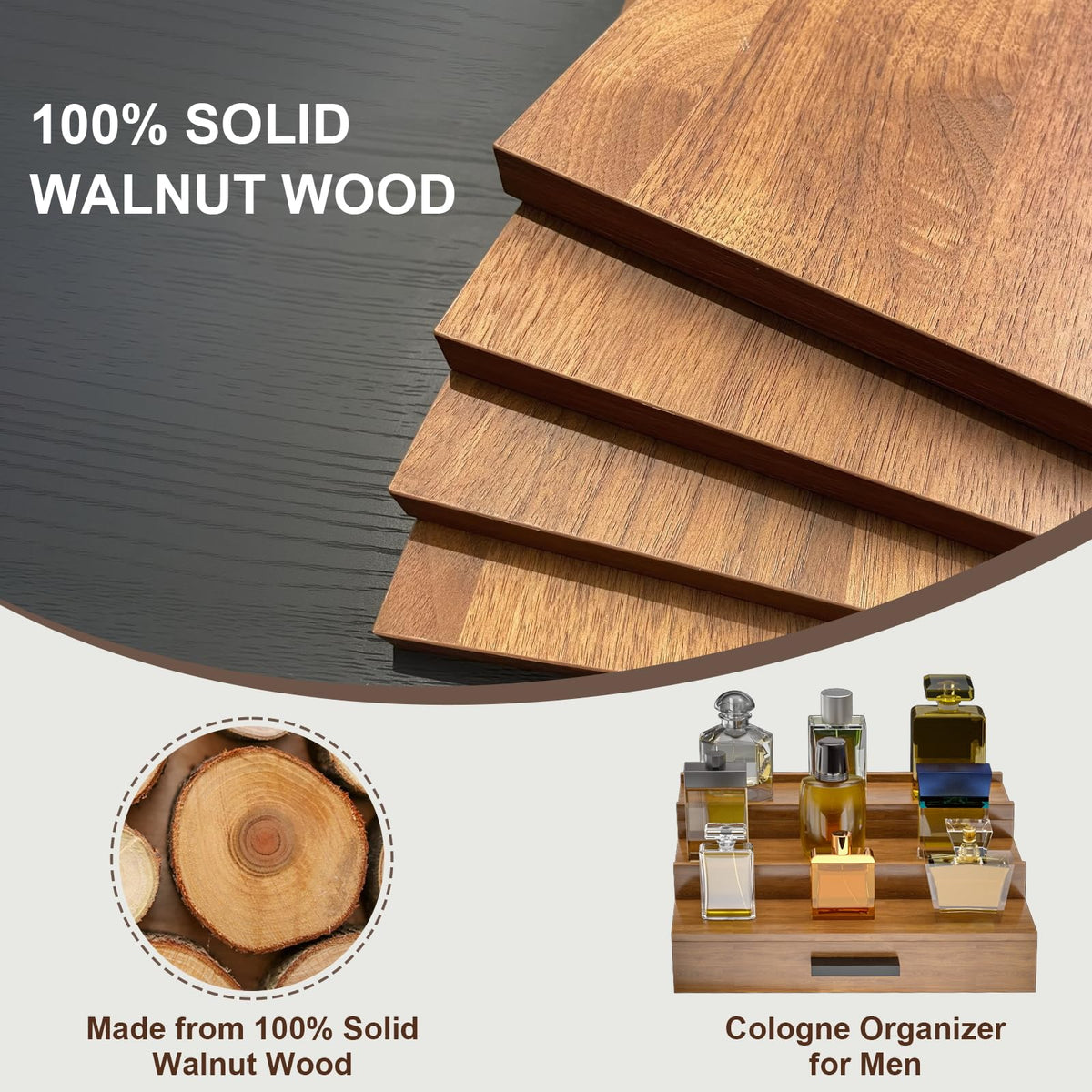 Sueuapp walnut wood display shelf showing fragrance bottles with secure drawer.