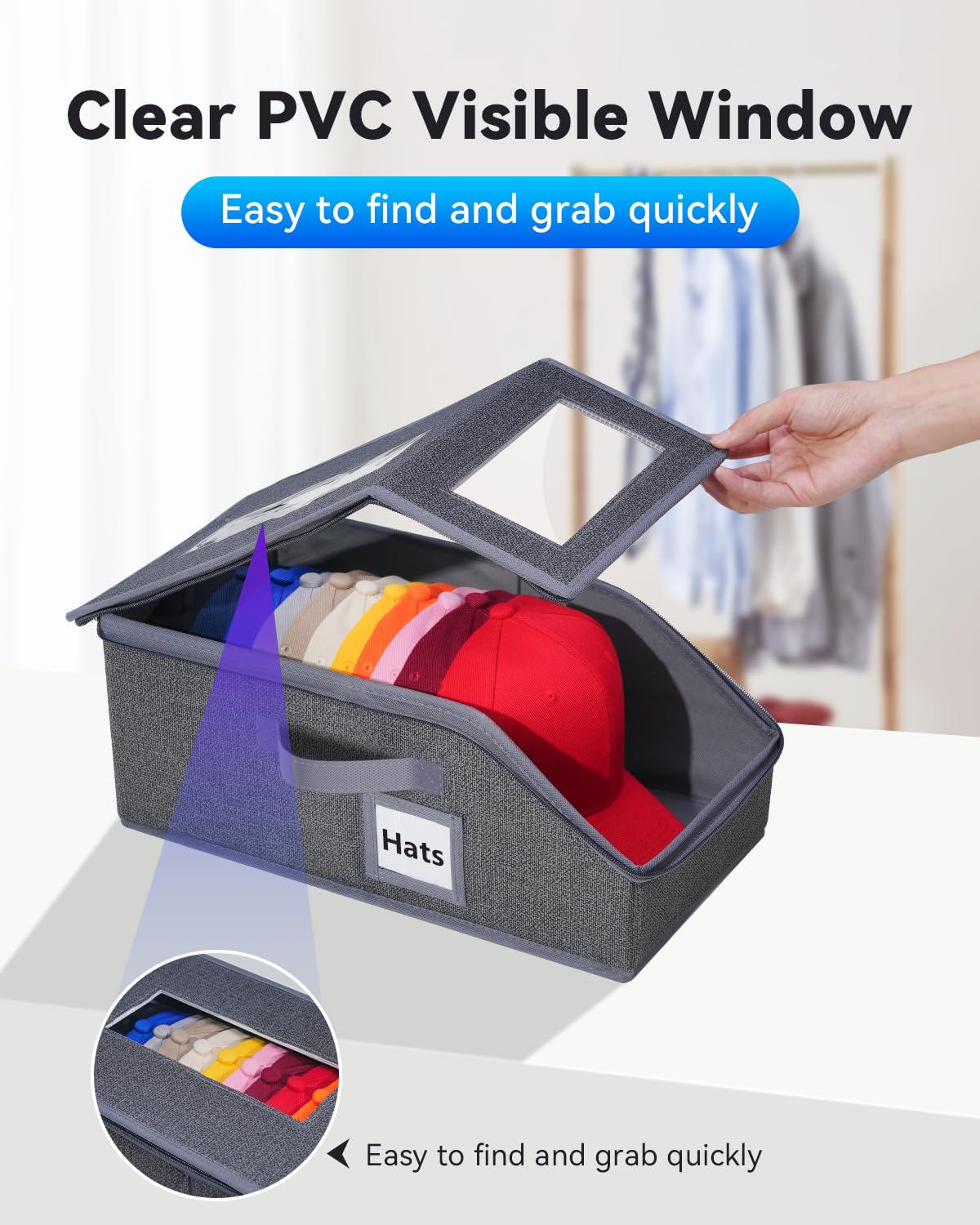 Sugar Swan hat organizer showing two clear windows for quick hat spotting.