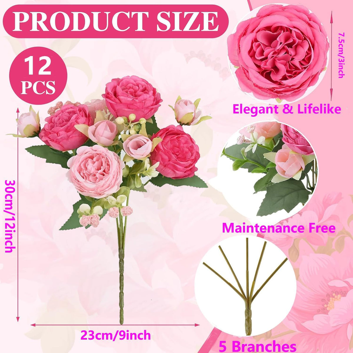 SugarHuLu peonies flower heads detail with lifelike buds and vibrant pinks.