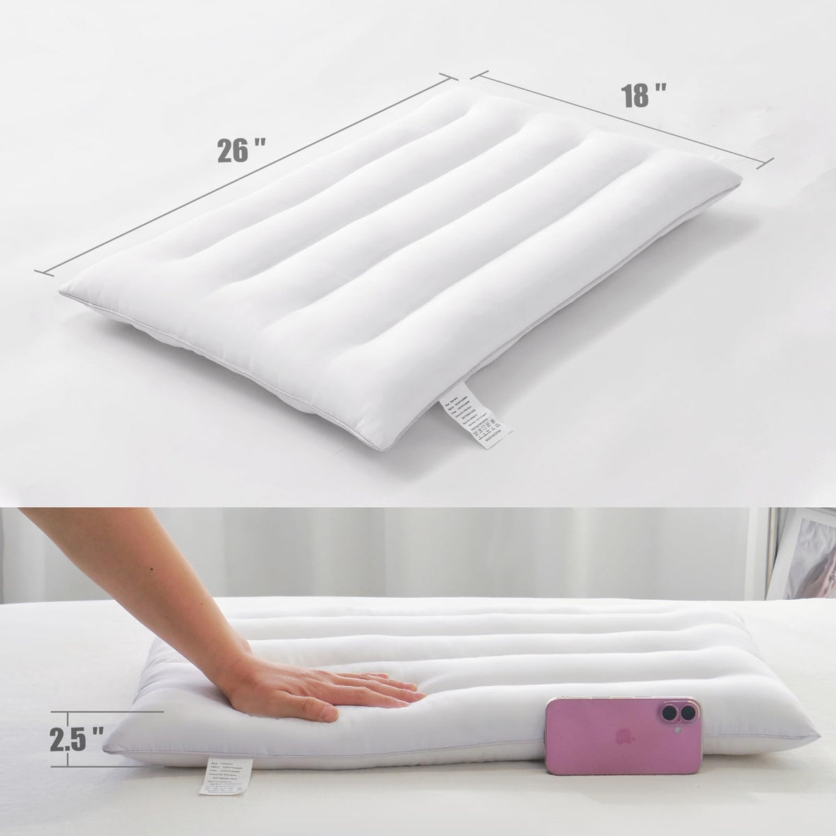 Suhedy Thin Pillow on bed demonstrates balanced support and cool sleep