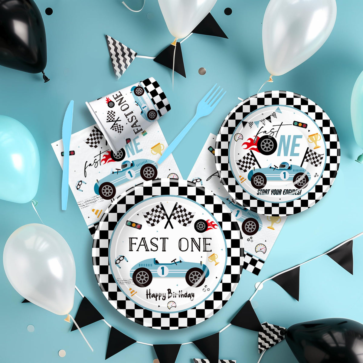 Suhelkit Fast One blue race car tablecloth protects surfaces during celebrations