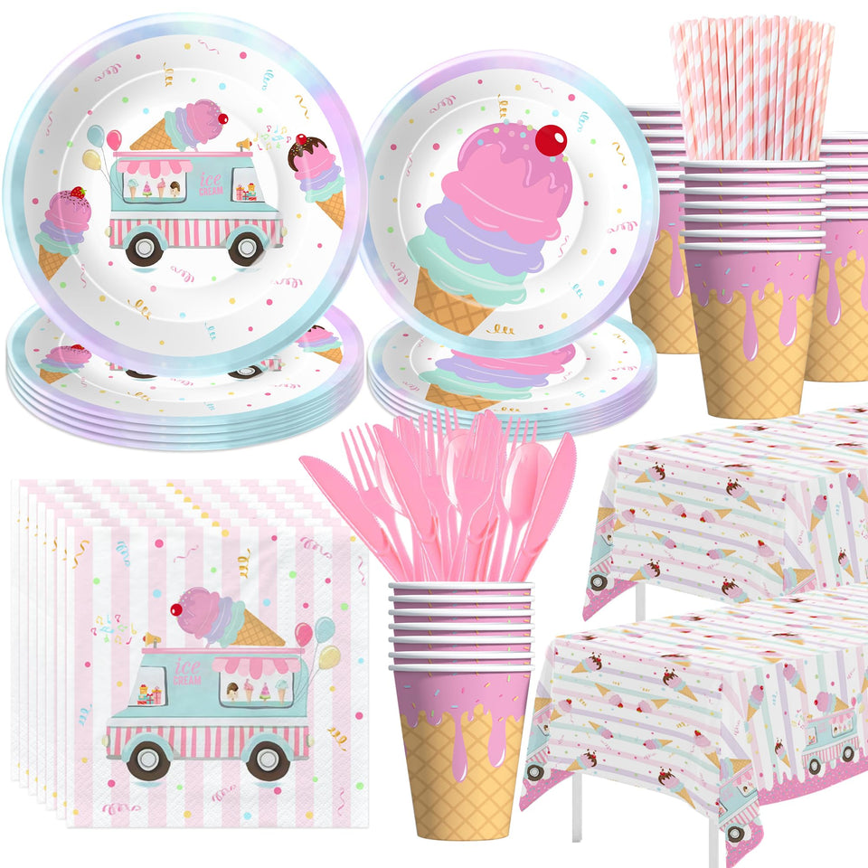 Suhelkit ice cream truck 9-inch dinner plates provide a sturdy base for party treats.