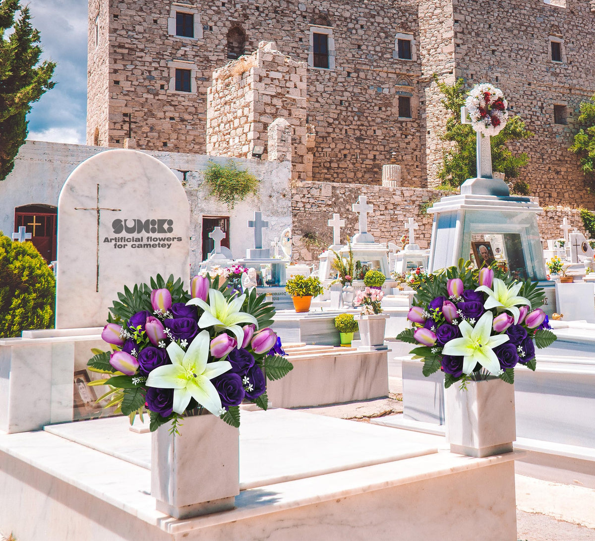 SUHOOKOO elegant silk arrangement adds serene dignity to gravesites.