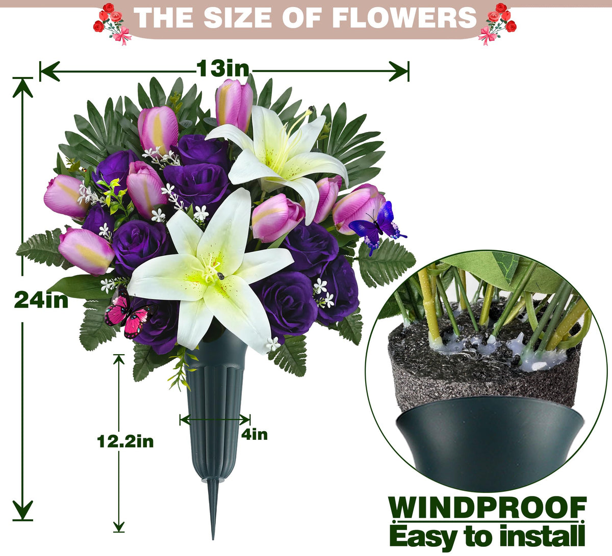 SUHOOKOO purple and white arrangement perfect for headstone tributes.