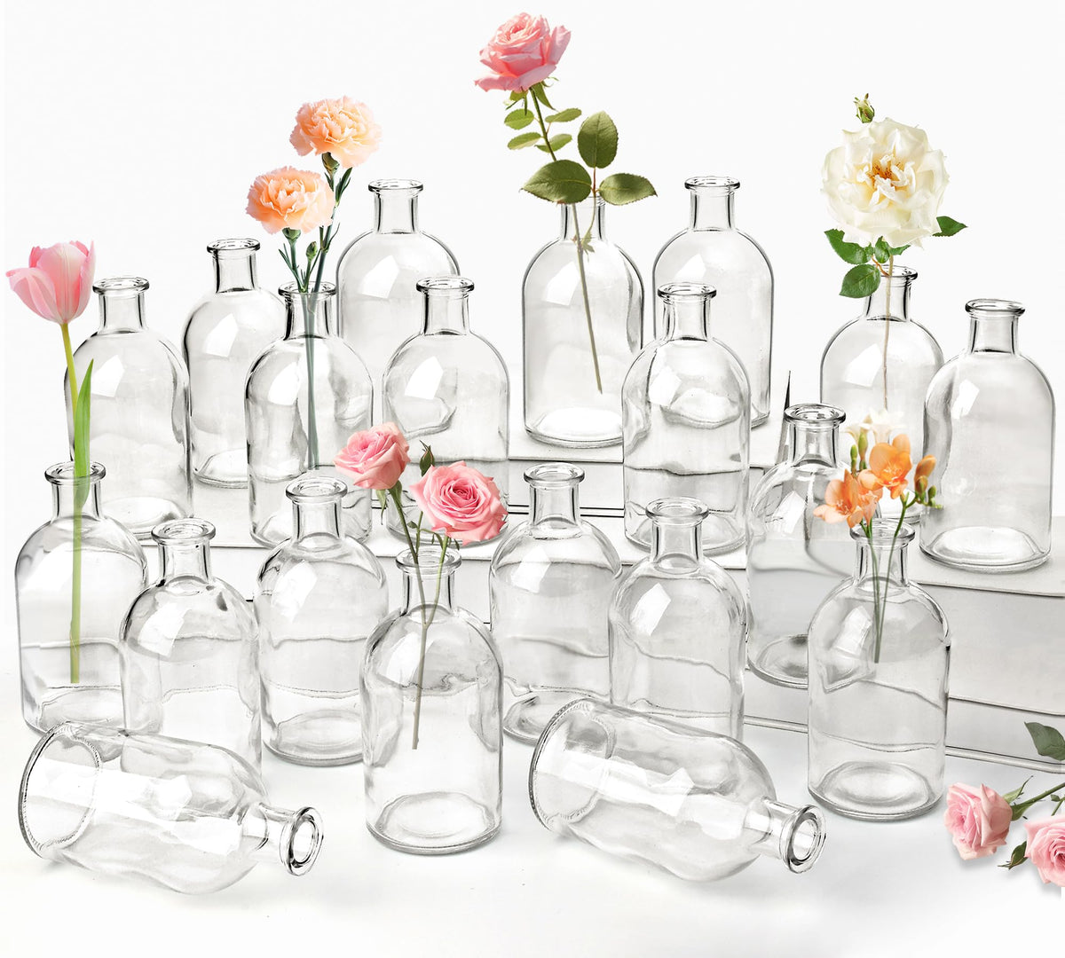 SUJUN 20-pack clear glass bud vases for crisp, elegant centerpieces at events