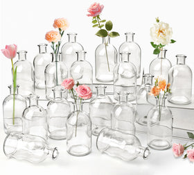 SUJUN 20-pack clear glass bud vases for crisp, elegant centerpieces at events