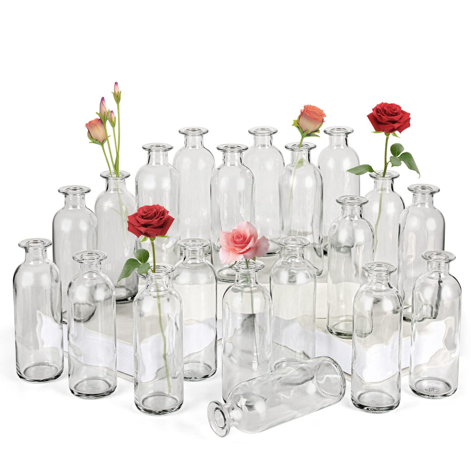SUJUN clear glass bud vase 8oz, 6.5-inch height, ideal for slender stems.