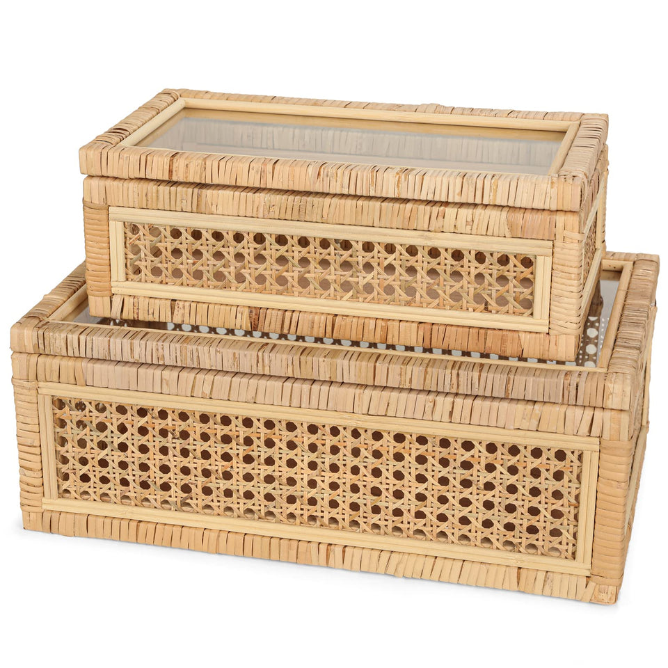 SUJUN large rattan box with glass lid for displaying keepsakes.