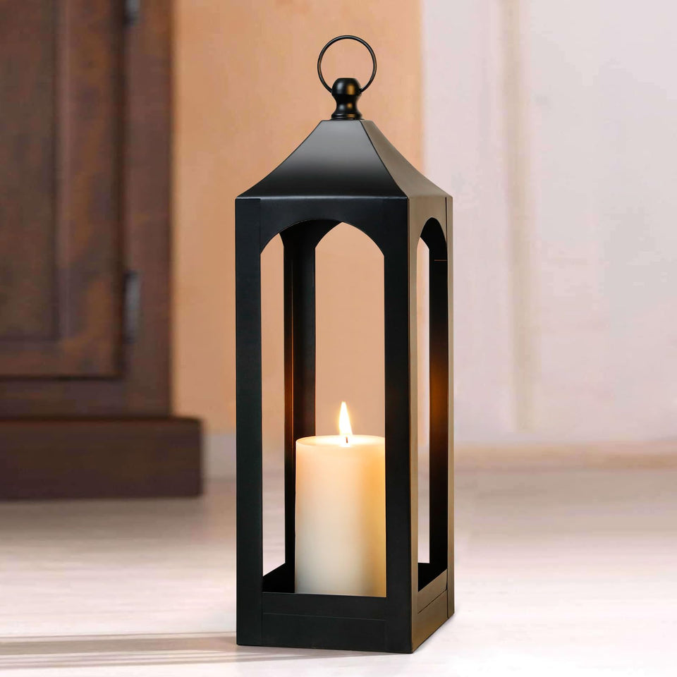 SUJUN Modern Farmhouse lantern in black metal for warm ambient lighting.