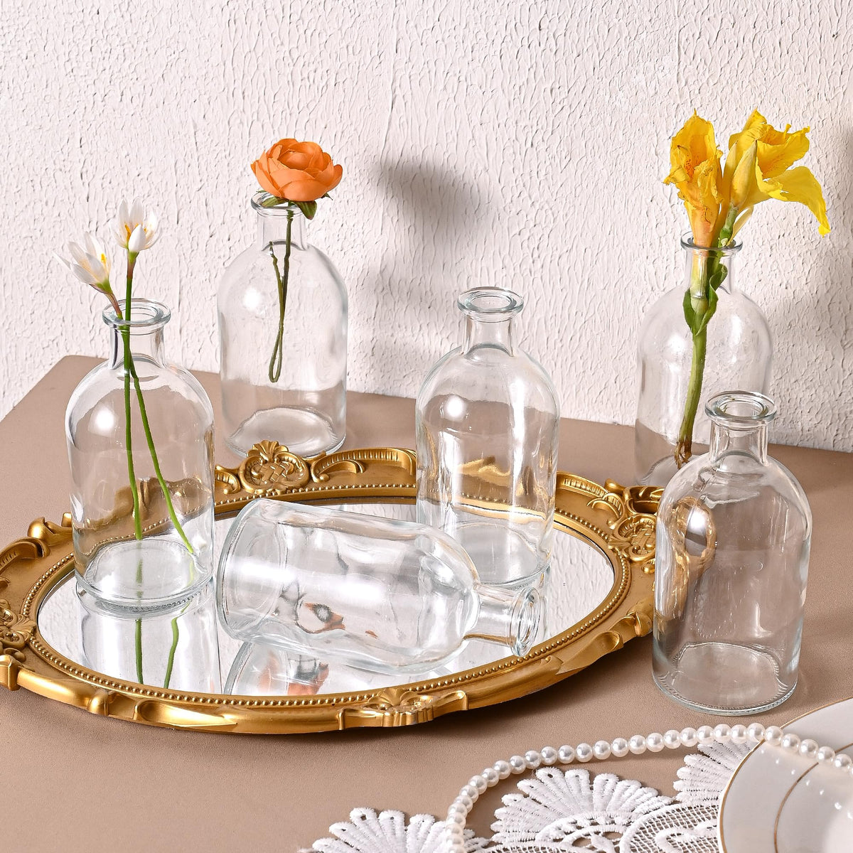 SUJUN shelf and mantel decor with clear glass vases blending interiors