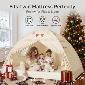 Sumbababy full bed tent bedroom ambience with golden beige fabric and cozy feel.