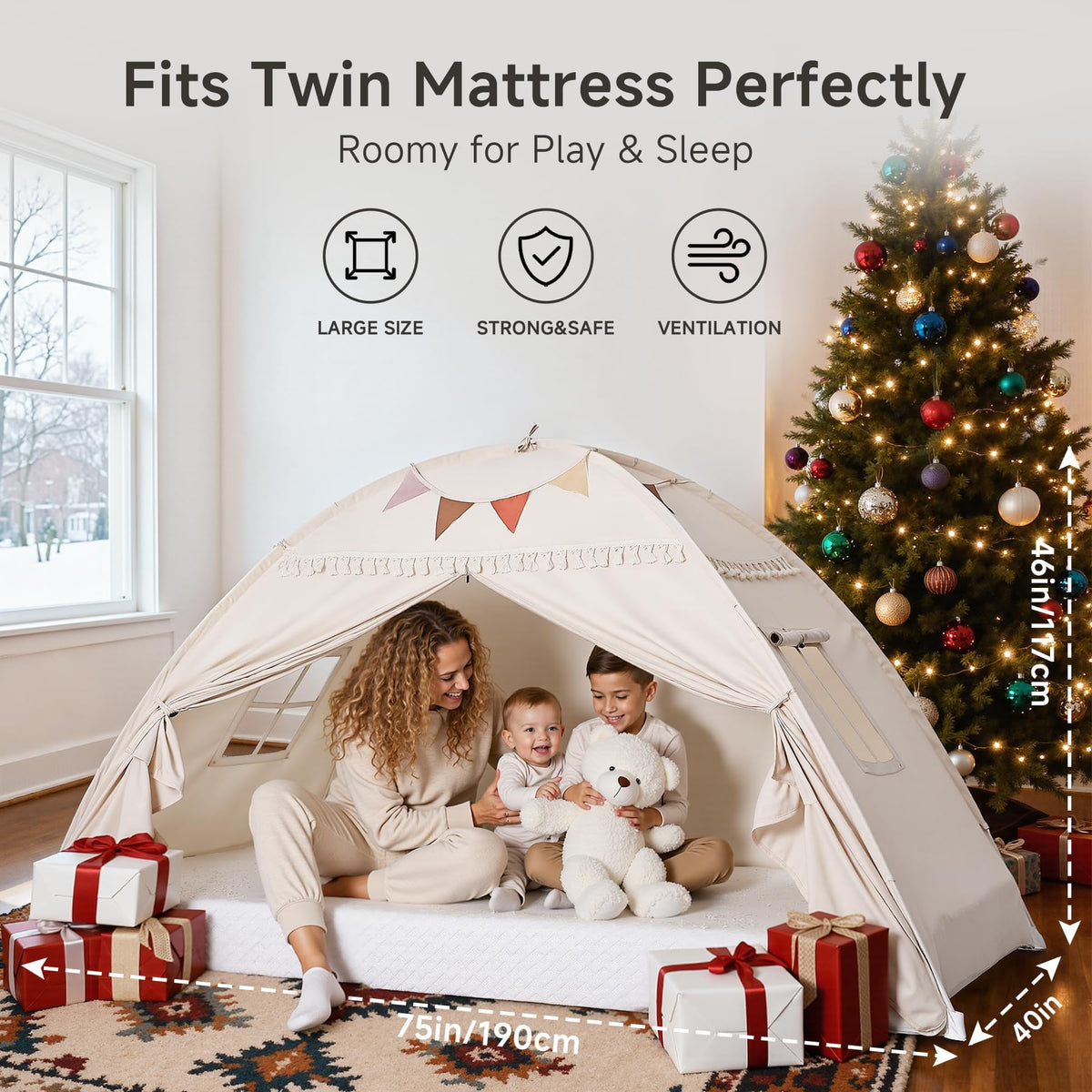 Sumbababy twin bed tent with decorative flags adding charm to a kid's room