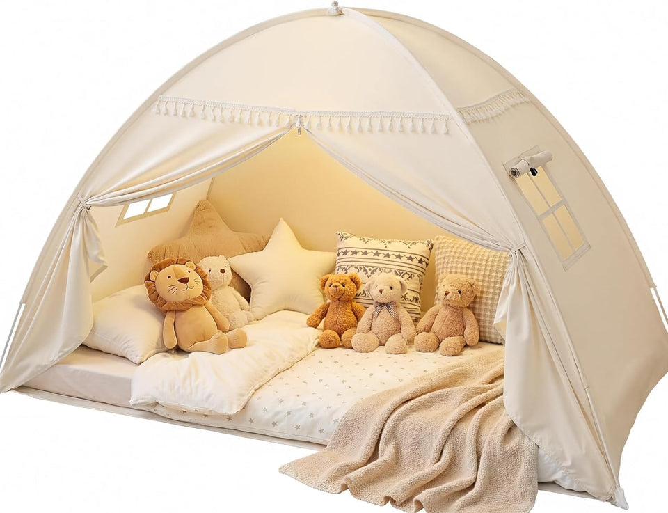 Sumbababy twin bed tent with star lights creating cozy bedtime mood for kids