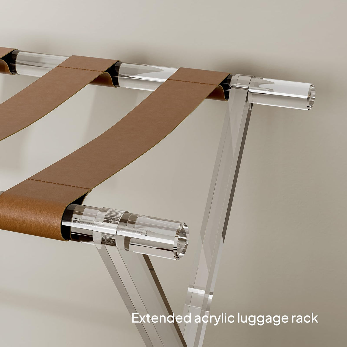 Sumerflos luggage rack near bed or sofa enhances room organization.