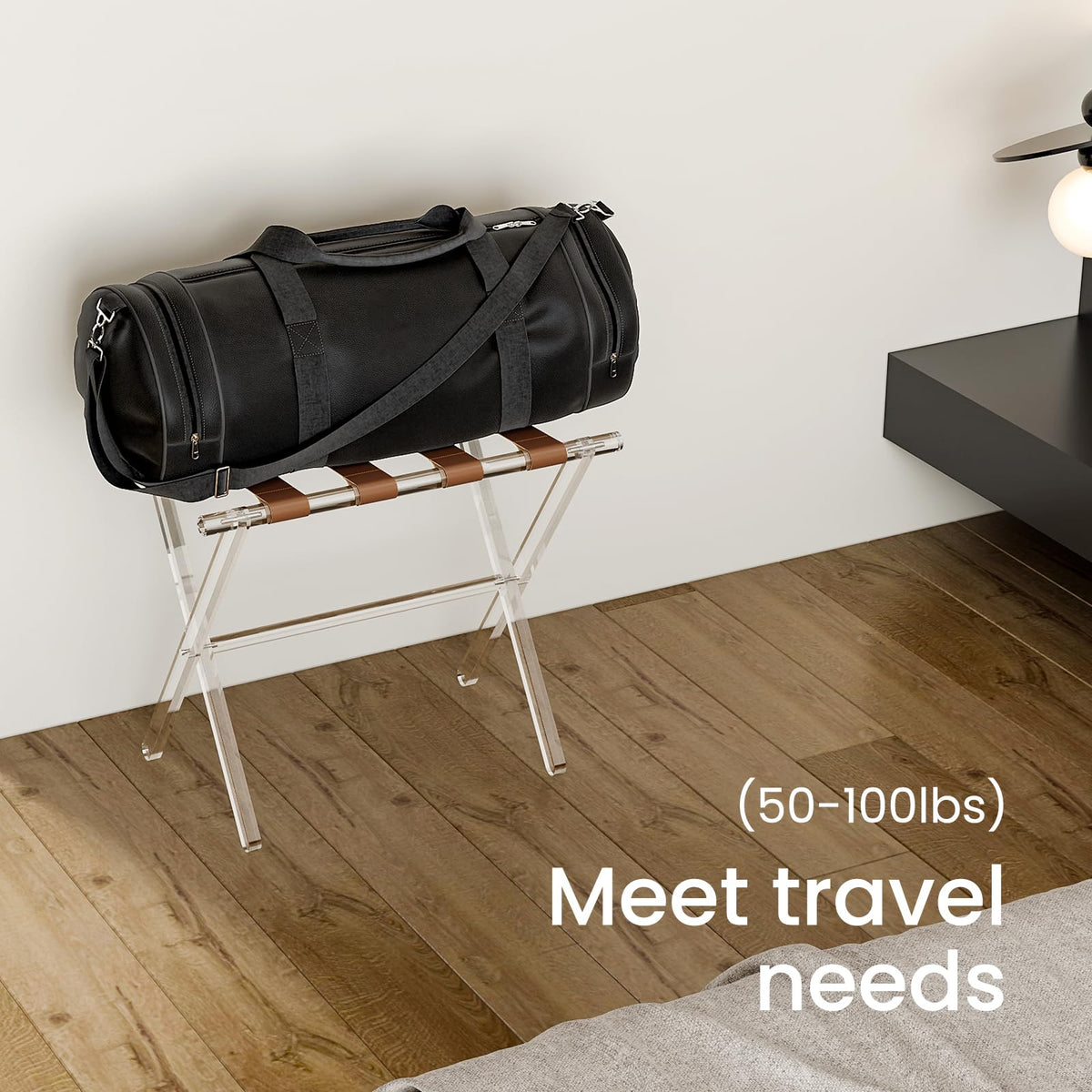 Sumerflos transparent design blends with décor while keeping luggage off the floor.