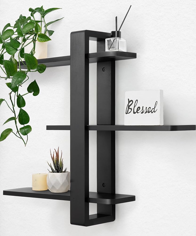 SUMGAR Black Floating Shelves display adjustable 3-tier storage on a clean wall