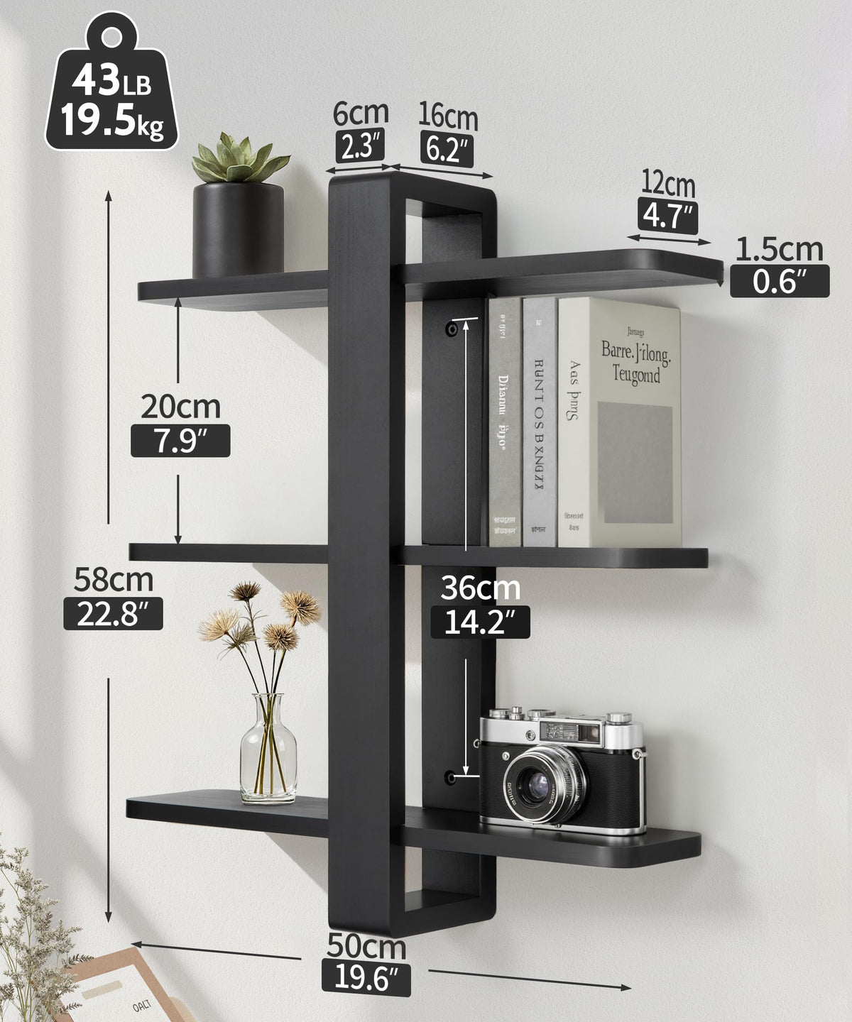 SUMGAR Pine wood shelves with black frame add warm, modern contrast anywhere