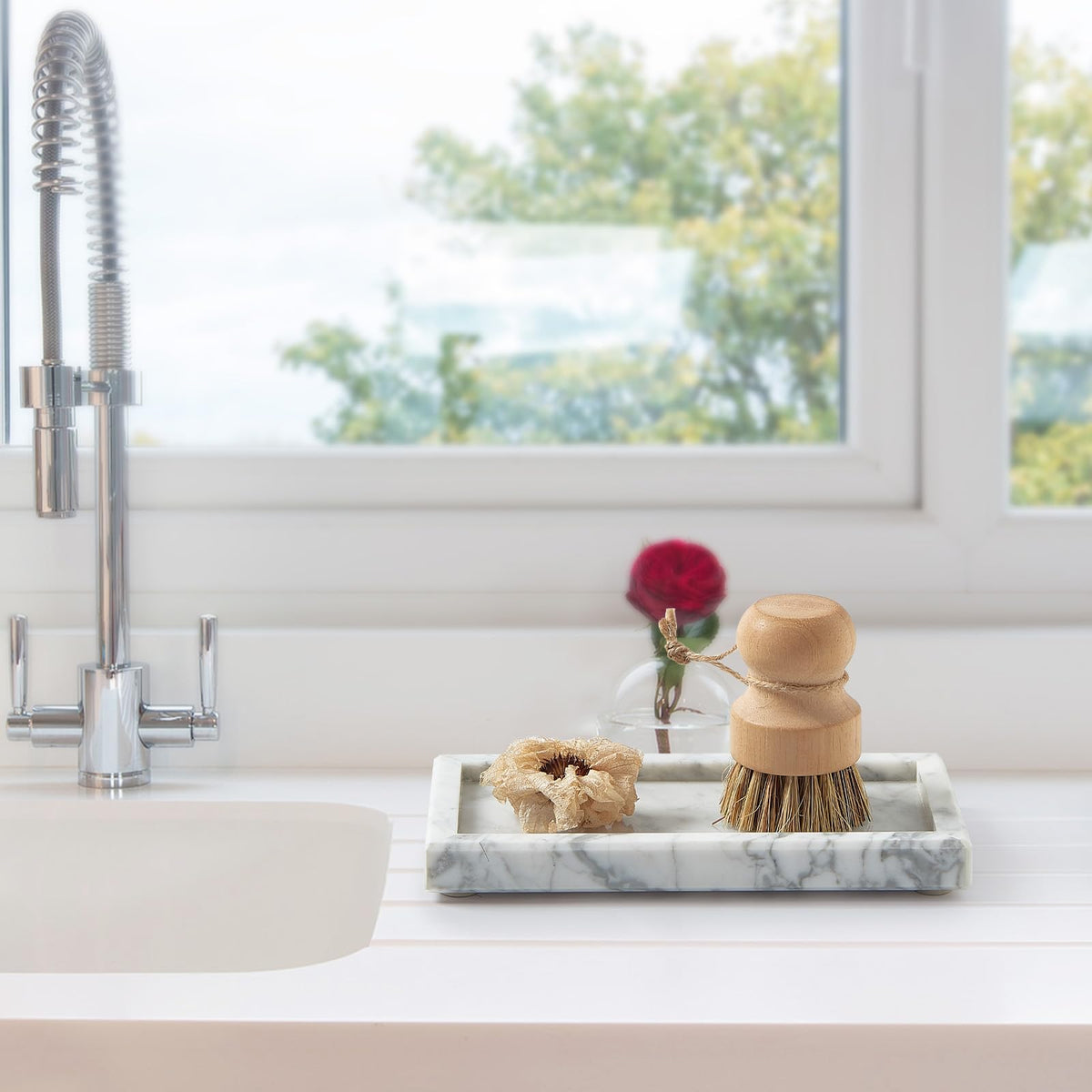 Sumlus marble tray bathroom decor with soap dispenser and perfume on display.