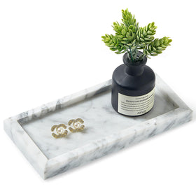 Sumlus natural marble tray front view highlights premium craftsmanship for a sleek vanity organization.