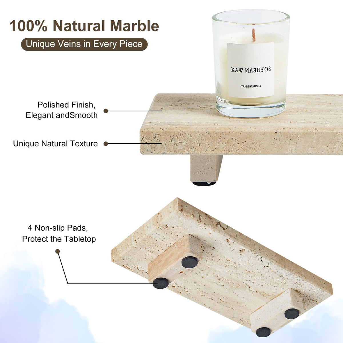 Sumlus travertine tray pedestal with a candle for ambience.