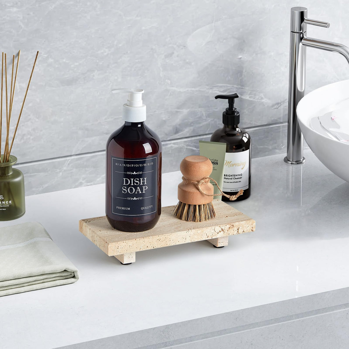 Sumlus travertine tray pedestal used as jewelry and small-item organizer.
