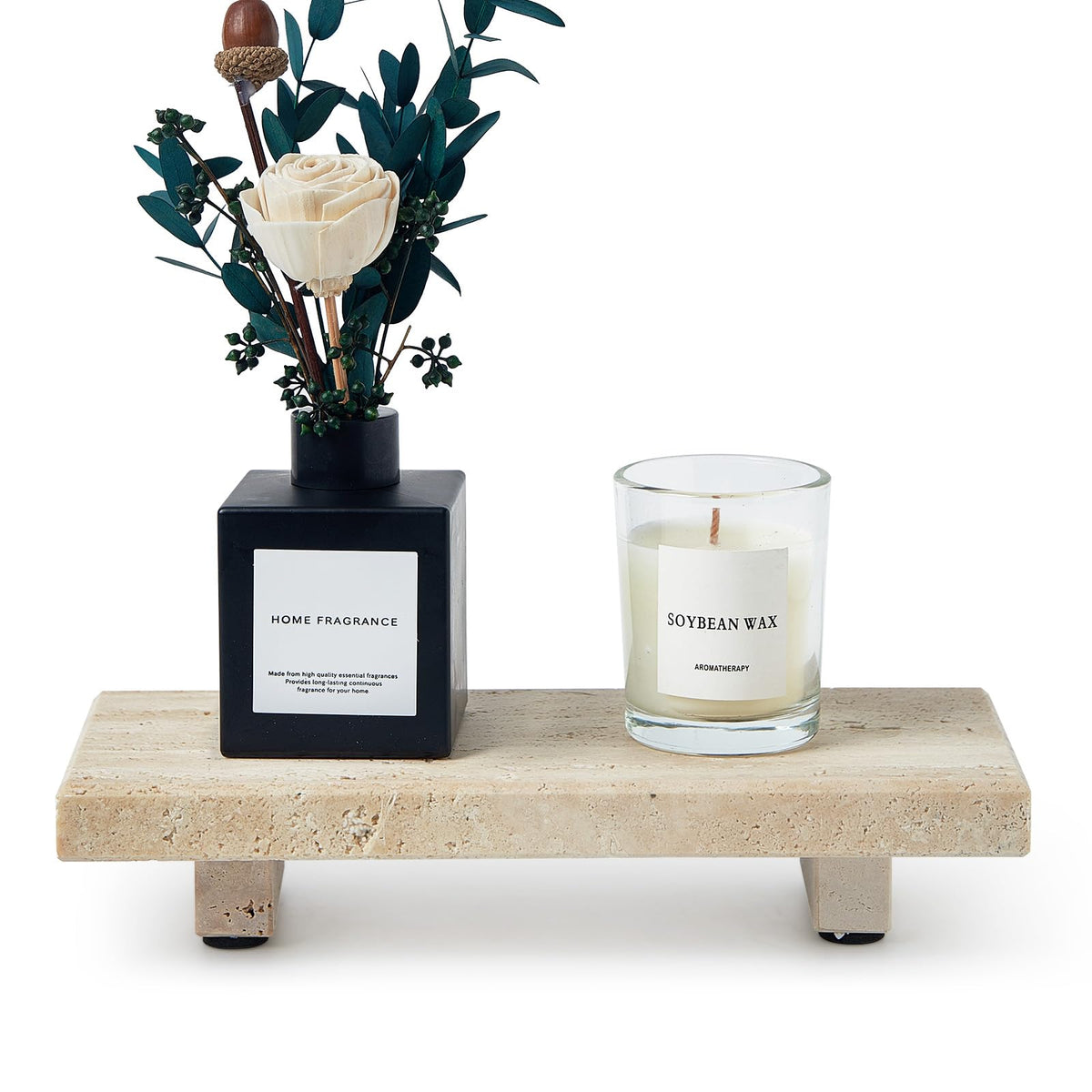 Sumlus travertine tray pedestal on a vanity for organized essentials.