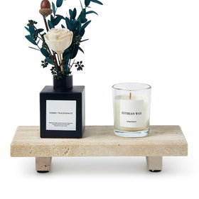 Sumlus travertine tray pedestal on a vanity for organized essentials.