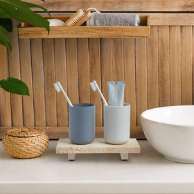 Sumlus travertine tray pedestal with a small succulent display.